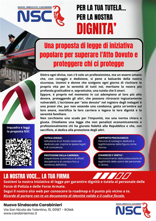 Raccolta firme per proposta di legge di iniziativa popolare promossa da NSC.